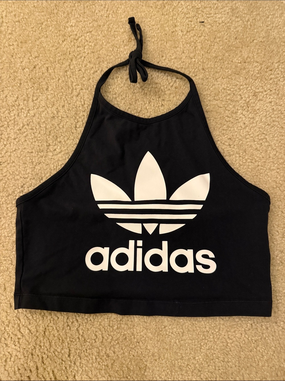 Vintage Adidas Black Halter Crop Tank with White Trefoil . Y2k
